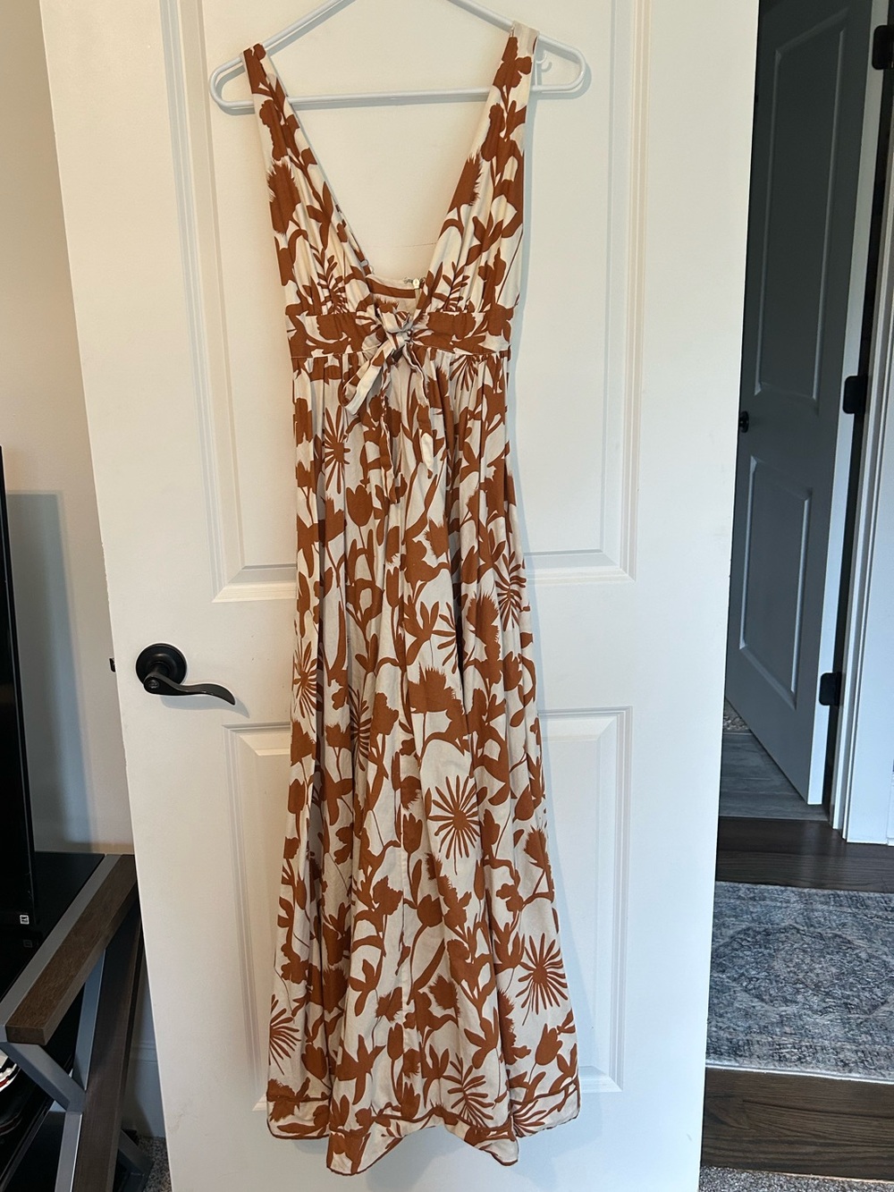 Aakaa Cream and Brown Printed Spaghetti-Strap Dress